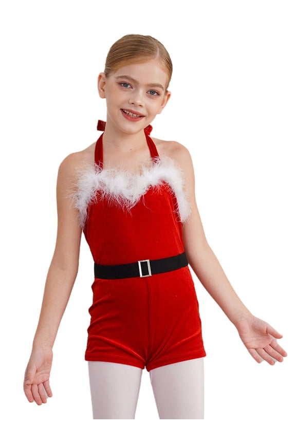 Kids Girls Dance Leotard Christmas Santa Elf Costume Sleeveless Halter Velvet Romper Shorts Red 12