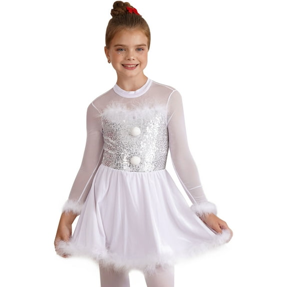Aislor Kids Girls Dance Tutu Dress Mrs Santa Claus Long Sleeve Ice Skating Dress Size 6-16 White 16