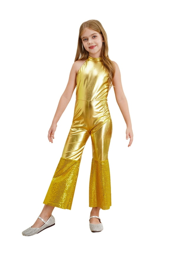 Kids Girls Disco Dance Jumpsuit Halter Neck Sequins Metallic Bell Bottoms Jumpsuits Gold 16