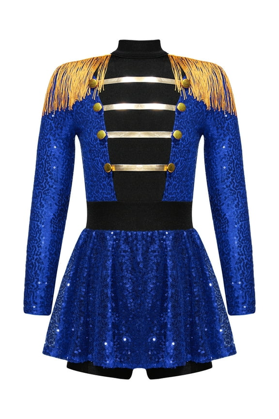 Kids Girls Drummer Costume Sequins Tassel Dance Leotard Dress School Majorette Uniform Blue 16