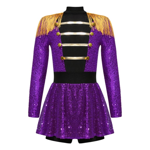 Aislor Kids Girls Drummer Costume Sequins Tassel Dance Leotard Dress School Majorette Uniform Purple 8