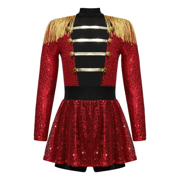 Aislor Kids Girls Drummer Costume Sequins Tassel Dance Leotard Dress School Majorette Uniform Red 8