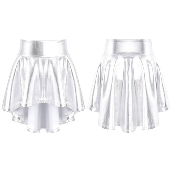Aislor Kids Girls Fashion High Waist Solid Color Bronzing High-Low Ruffle Hem Skirt Jazz Hip Hop Dancewear