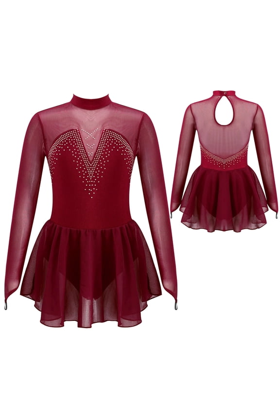 Girls Figure Ice Skating Long Sleeve Sparkly Rhinestone Mesh Splice Gymnastics Leotard Dress Dancewear Burgundy 12