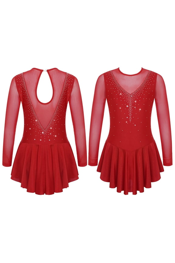 Kids Girls Figure Ice Skating Dress Long Sleeve Sparkly Rhinestone Mesh Splice Gymnastics Leotard Dress Dancewear
