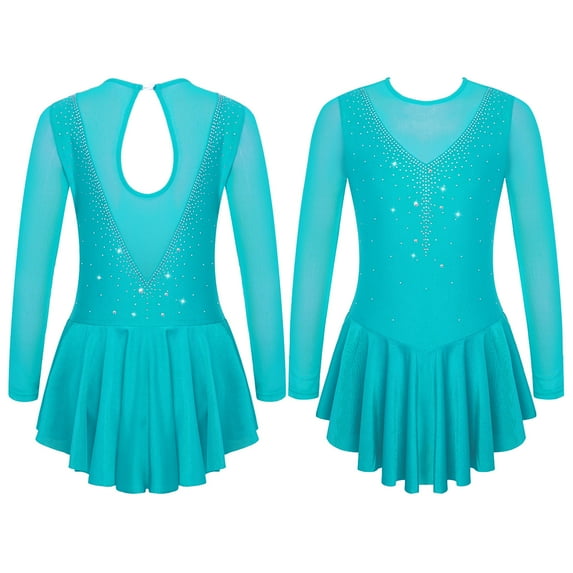 Aislor Kids Girls Figure Ice Skating Dress Long Sleeve Sparkly Rhinestone Mesh Splice Gymnastics Leotard Dress Dancewear