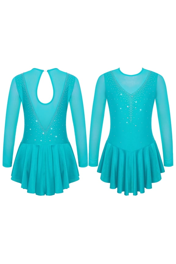 Kids Girls Figure Ice Skating Dress Long Sleeve Sparkly Rhinestone Mesh Splice Gymnastics Leotard Dress Dancewear