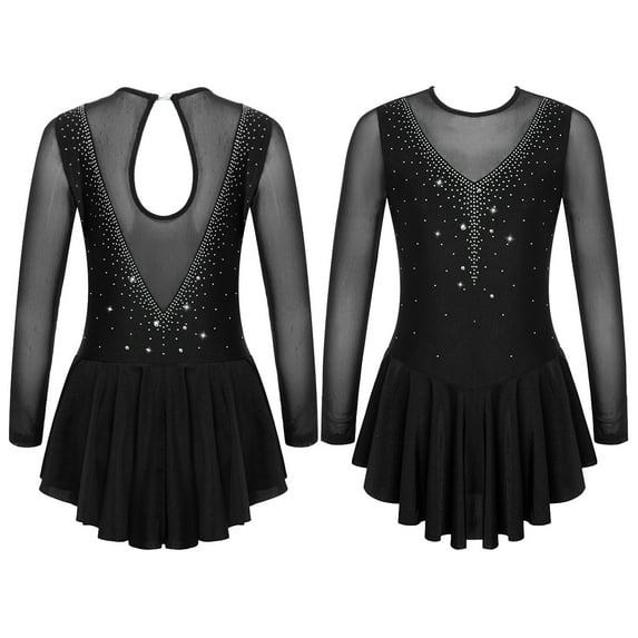Aislor Kids Girls Figure Ice Skating Dress Long Sleeve Sparkly Rhinestone Mesh Splice Gymnastics Leotard Dress Dancewear