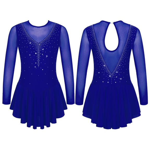 Aislor Kids Girls Figure Ice Skating Dress Long Sleeve Sparkly Rhinestone Mesh Splice Gymnastics Leotard Dress Dancewear