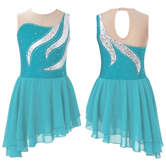 Aislor Kids Girls Figure Ice Skating Dress Sparkly Mesh Splice Chiffon Ballet Dance Leotard Dancewear A Turquoise 6