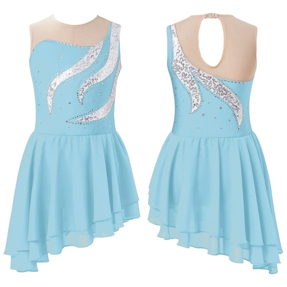 Aislor Kids Girls Figure Ice Skating Dress Sparkly Mesh Splice Chiffon Ballet Dance Leotard Dancewear Light Blue 10