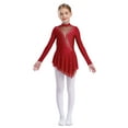 thumbnail image 1 of Aislor Kids Girls Figure Ice Skating Leotard Dress Long Sleeve Glittery Sheer Mesh Ballet Dance Burgundy 8, 1 of 7