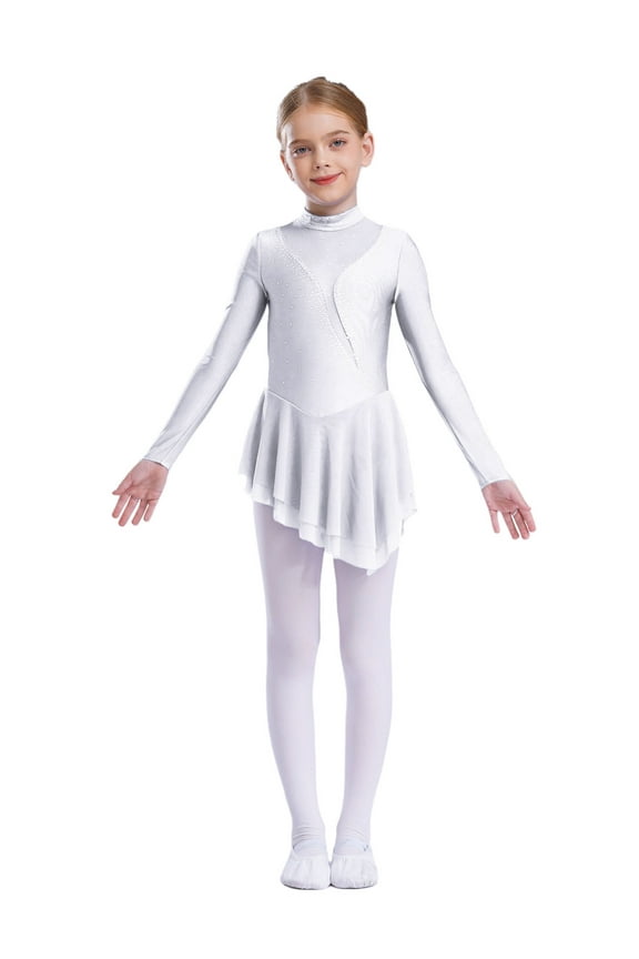 Kids Girls Figure Ice Skating Leotard Dress Long Sleeve Glittery Sheer Mesh Ballet Dance White 8