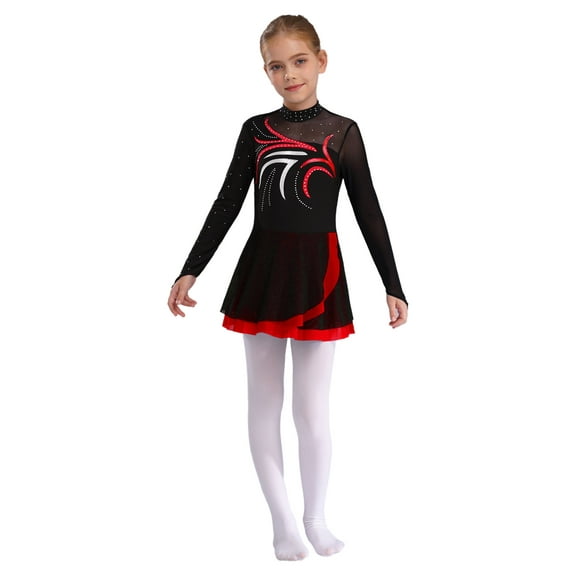 Aislor Kids Girls Figure Skating Long Sleeve Rhinestone Sheer Mesh Gymnastics Leotard Dress Size 6-16 A Red 16