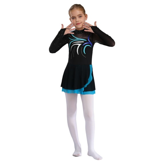 Aislor Kids Girls Figure Skating Long Sleeve Rhinestone Sheer Mesh Gymnastics Leotard Dress Size 6-16 Sky Blue 16