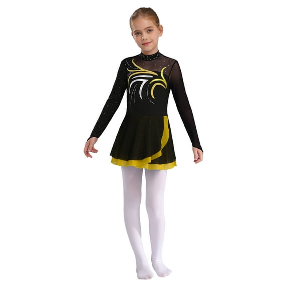Aislor Kids Girls Figure Skating Long Sleeve Rhinestone Sheer Mesh Gymnastics Leotard Dress Size 6-16 Yellow 14