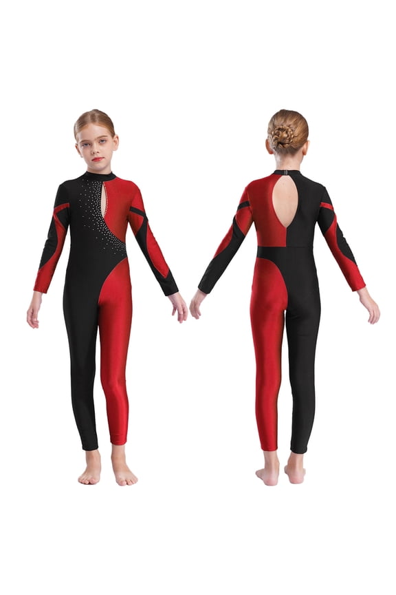 Kids Girls Full Length Jumpsuit Gymnastics Leotard Rhinestone Long Sleeve Ballet Dance Unitard Bodysuit Size 6-16 Burgundy 12