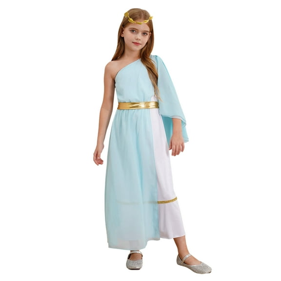 Aislor Kids Girls Greek Princess Toga with Headband One Shoulder Chiffon Maxi Ball Gown for Halloween Cosplay Party Light Blue 14