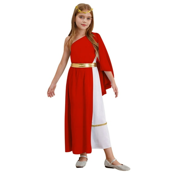 Aislor Kids Girls Greek Princess Toga with Headband One Shoulder Chiffon Maxi Ball Gown for Halloween Cosplay Party Red 6