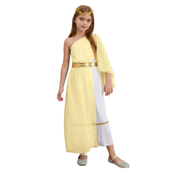 Aislor Kids Girls Greek Princess Toga with Headband One Shoulder Chiffon Maxi Ball Gown for Halloween Cosplay Party Yellow 8