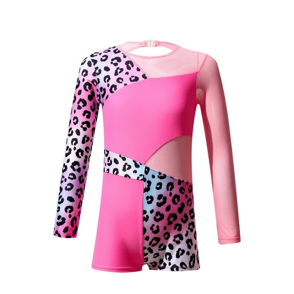 Aislor Kids Girls Gymnastic Dance Leotard One Piece Dancewear Long Sleeve Jumpsuit 4-14 Pink Leopard 10