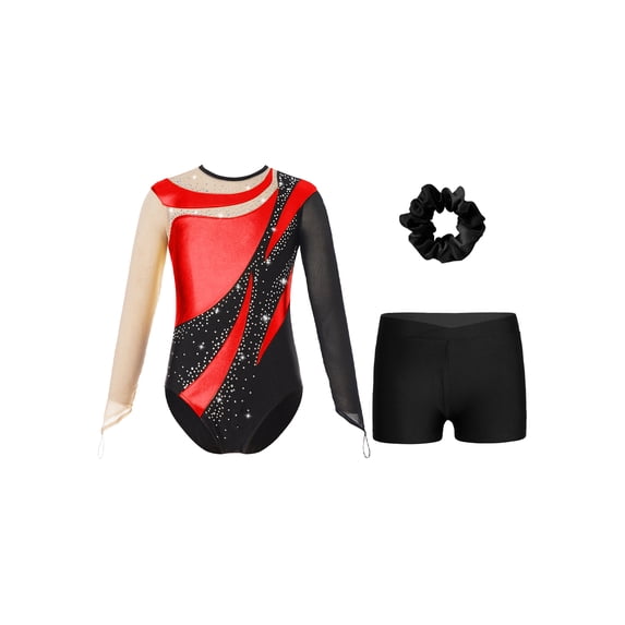 Aislor Kids Girls Gymnastics Bodysuit with Shorts Set Ballet Dance Leotard Matching Hair Scrunchie Tank Unitards Red 10