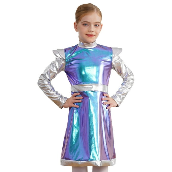 Aislor Kids Girls Halloween Carnival Party Role Play Outer Space Alien Costume Glossy Long Sleeve Dress Blue 10