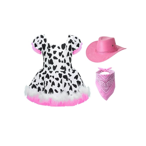 Aislor Kids Girls Halloween Cowgirl Costume Cow Pattern Plush Tutu Dress with Bandanna and Hat Set Pink 14