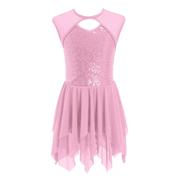 Aislor Kids Girls High-Low Chiffon Sequined Lyrical Dance Leotard Dress Ballet Modern Contemporary Dancewear