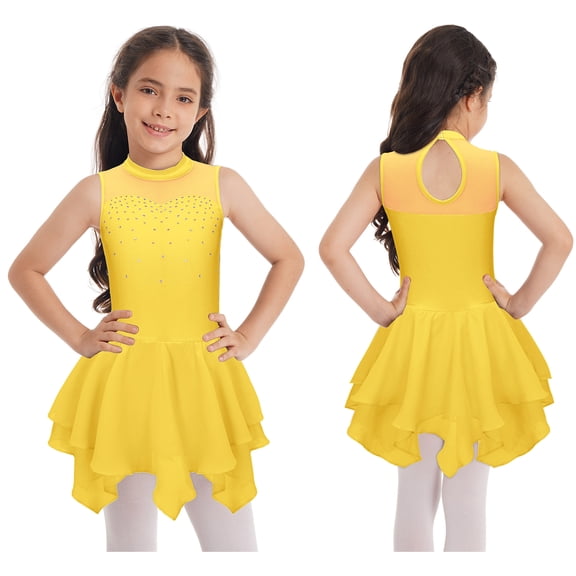 Aislor Kids Girls Hollow Back Figure Skating Gymnastics Leotard Ballet Dance Dress 6-16 A Yellow 6