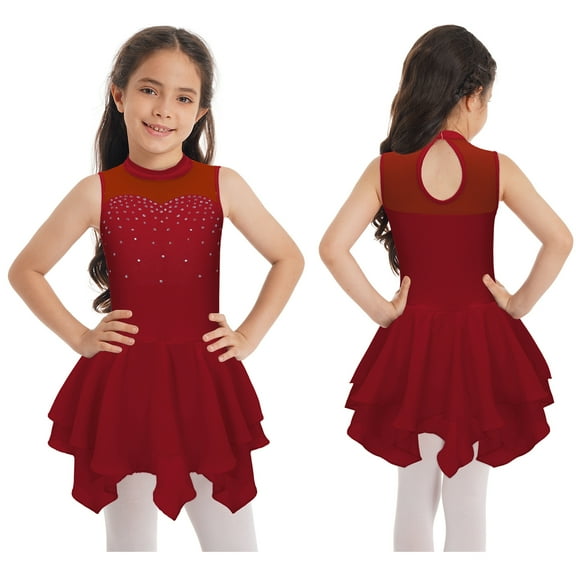 Aislor Kids Girls Hollow Back Figure Skating Gymnastics Leotard Ballet Dance Dress 6-16 Burgundy 12