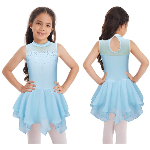 Aislor Kids Girls Hollow Back Figure Skating Gymnastics Leotard Ballet Dance Dress 6-16 Light Blue 12