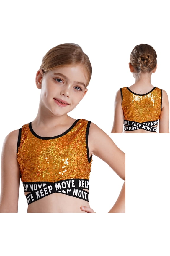 Kids Girls Jazz Latin Modern Hip Hop Dance Crop Tops Gymnastics Vest Dancewear Tank Top Gold 8