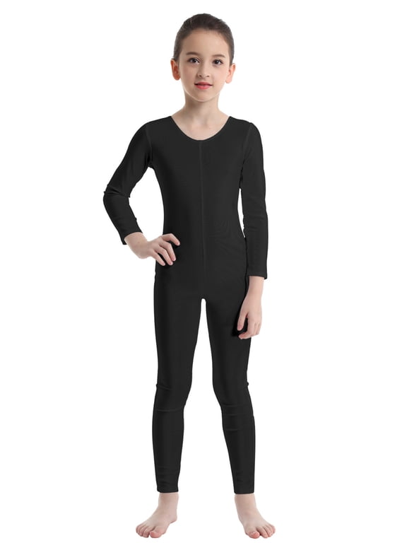 Kids Girls Long Sleeve Bodysuit Full Body Unitard Ballet Dance Gymnastics Leotard Dancewear Black 8-10