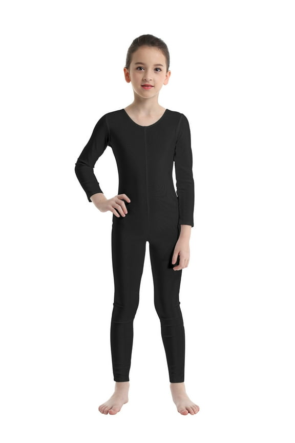 Kids Girls Long Sleeve Bodysuit Full Body Unitard Ballet Dance Gymnastics Leotard Dancewear Black 8-10