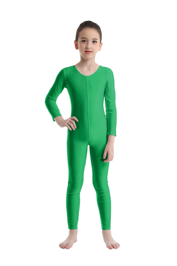 Kids Girls Long Sleeve Bodysuit Full Body Unitard Ballet Dance Gymnastics Leotard Dancewear Green 8-10