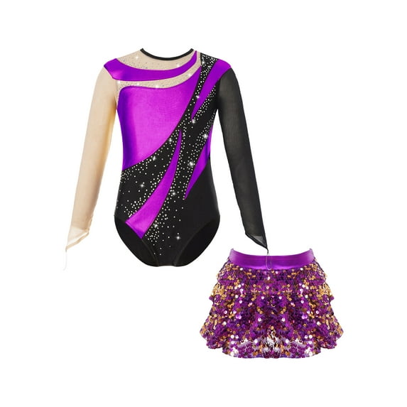 Aislor Kids Girls Long Sleeve Sparkle Leotards with Sequin Skirt Set Ballet Dance Latin Outfits Costume Dancewear Purple 8