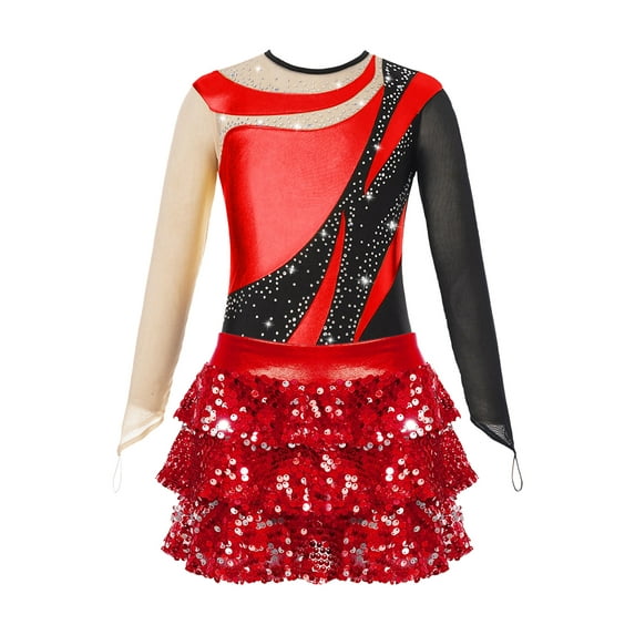 Aislor Kids Girls Long Sleeve Sparkle Leotards with Sequin Skirt Set Ballet Dance Latin Outfits Costume Dancewear Red 8