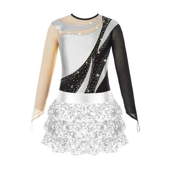 Aislor Kids Girls Long Sleeve Sparkle Leotards with Sequin Skirt Set Ballet Dance Latin Outfits Costume Dancewear Silver 6