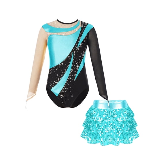 Aislor Kids Girls Long Sleeve Sparkle Leotards with Sequin Skirt Set Ballet Dance Latin Outfits Costume Dancewear Turquoise 12