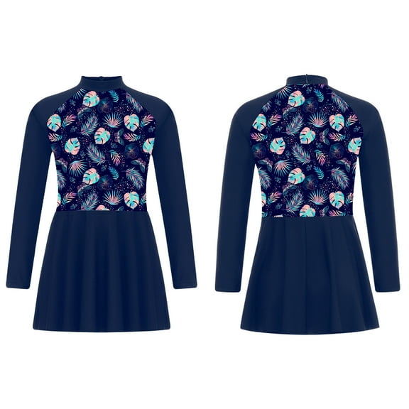 Aislor Kids Girls Long Sleeve Swim Dress Floral Print Swimsuit UPF 50  Rash Guard Bathing Suit Swimwear A Navy Blue 16
