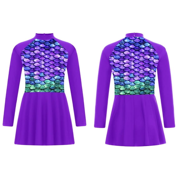 Aislor Kids Girls Long Sleeve Swim Dress Floral Print Swimsuit UPF 50+ Rash Guard Bathing Suit Swimwear Purple 8