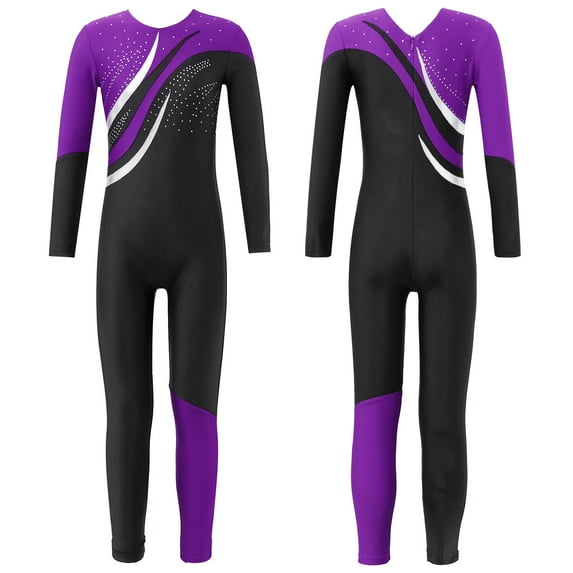 Aislor Kids Girls Long Sleeves Gymnastics Exercise Leotard Unitard Shiny Rhinestone Ballet Dance Long Jumpsuit Size 6-16 Purple 16