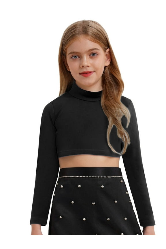 Kids Girls Long Sleeves Solid Color Crop Top Shirt for Dancing Workout Gymnastic 6-14 A Black 6