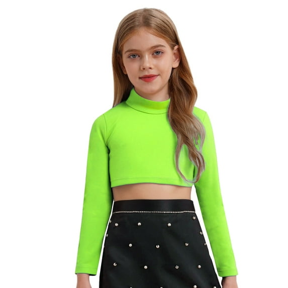 Aislor Kids Girls Long Sleeves Solid Color Crop Top Shirt for Dancing Workout Gymnastic 6-14 Fluorescent Green 8