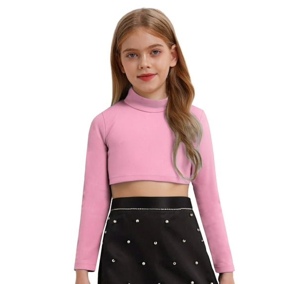 Aislor Kids Girls Long Sleeves Solid Color Crop Top Shirt for Dancing Workout Gymnastic 6-14 Pink 6