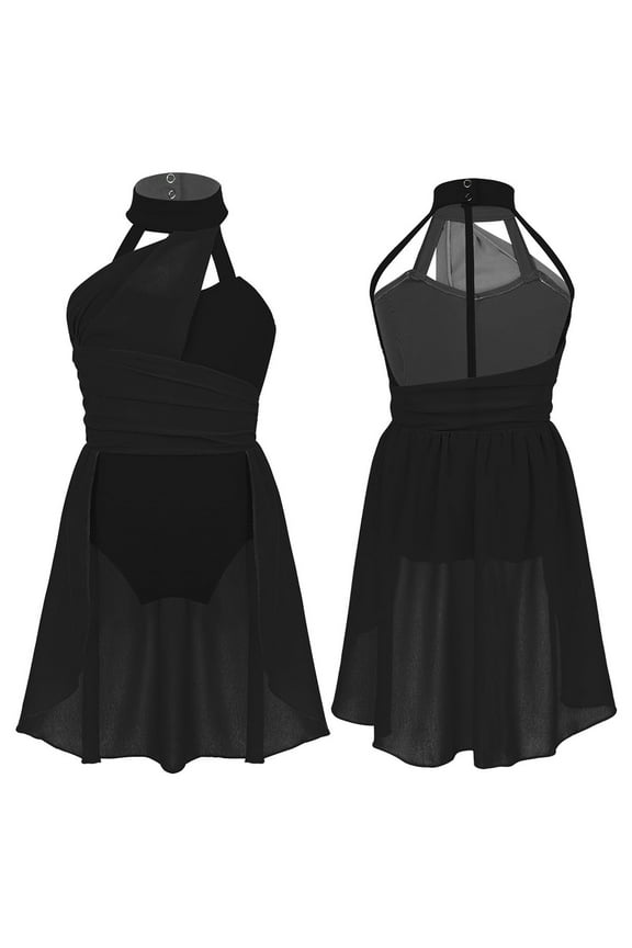 Kids Girls Lyrical Chiffon Dance Dress Sleeveless Jazz Latin Ballet Dance Costumes Black 14