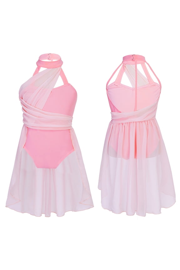 Kids Girls Lyrical Chiffon Dance Dress Sleeveless Jazz Latin Ballet Dance Costumes Pink 10