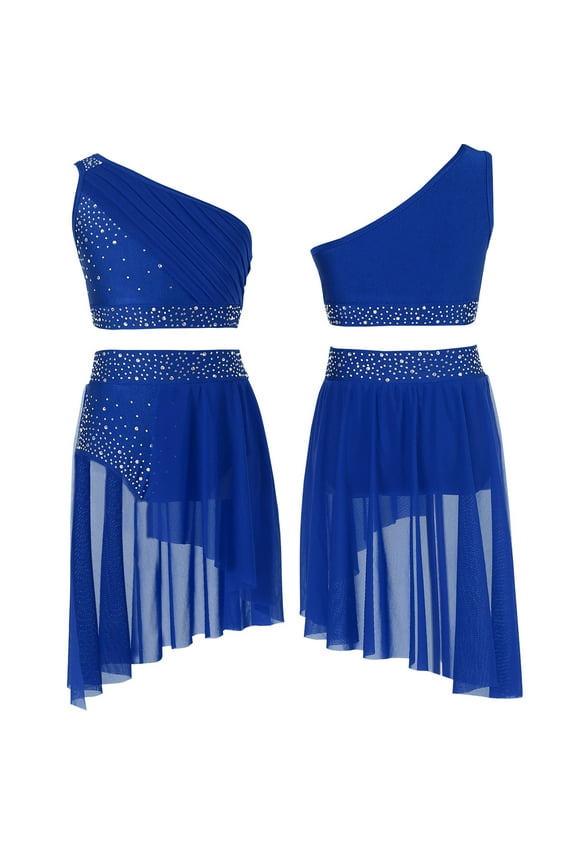 Girls Lyrical Dance Costumes Shiny Rhinestones Crop Top with Skirted Leotard 2-Piece Ballet Dance Outfits Blue 6