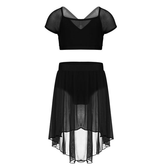 Aislor Kids Girls Lyrical Dance Dress Outfits Crop Top with Irregular Hem Skirts Latin Jazz Modern Dancewear Black 14